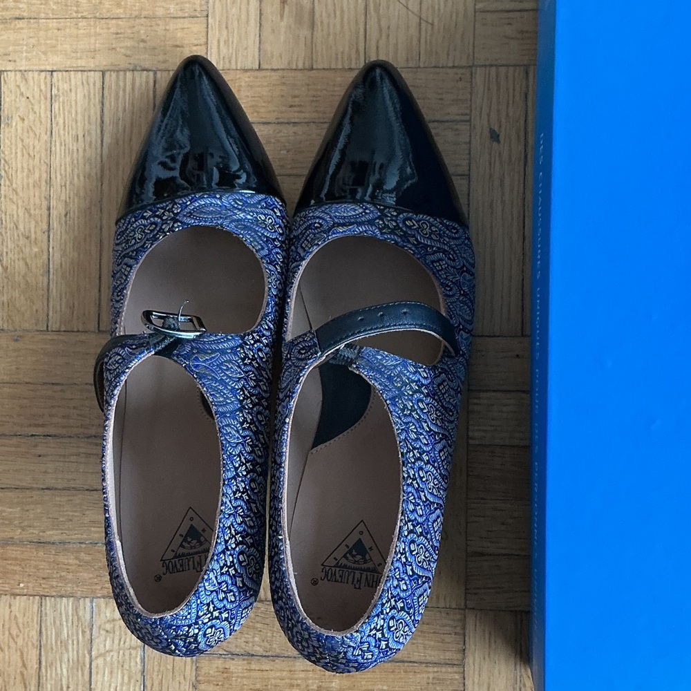 John Fluevog Black and Blue Patterned Heels